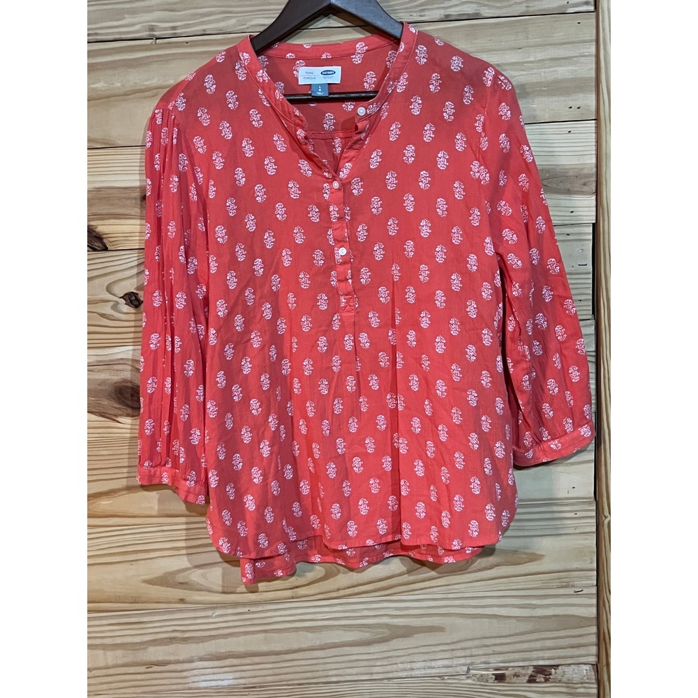 Old Navy Coral Boho Floral Print Tunic Blouse Womens Large Long Sleeve Henley